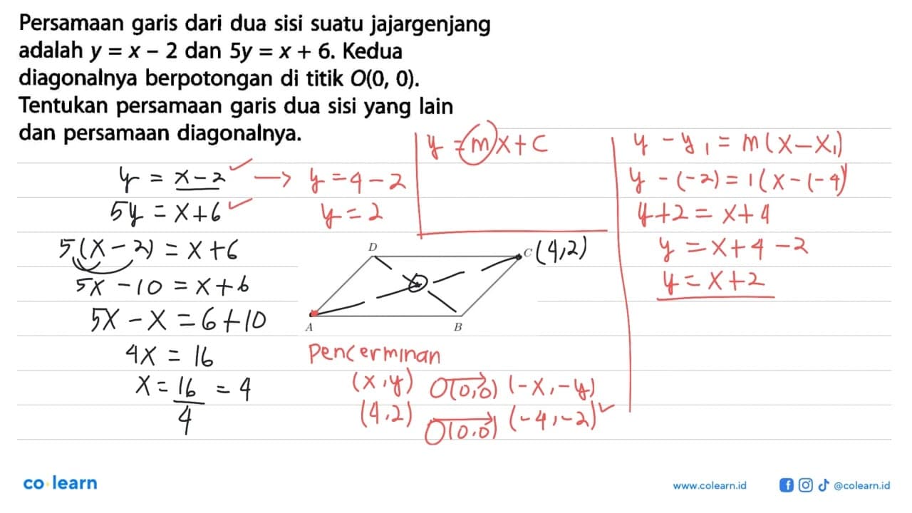 Persamaan garis dari dua sisi suatu jajargenjang adalah y =