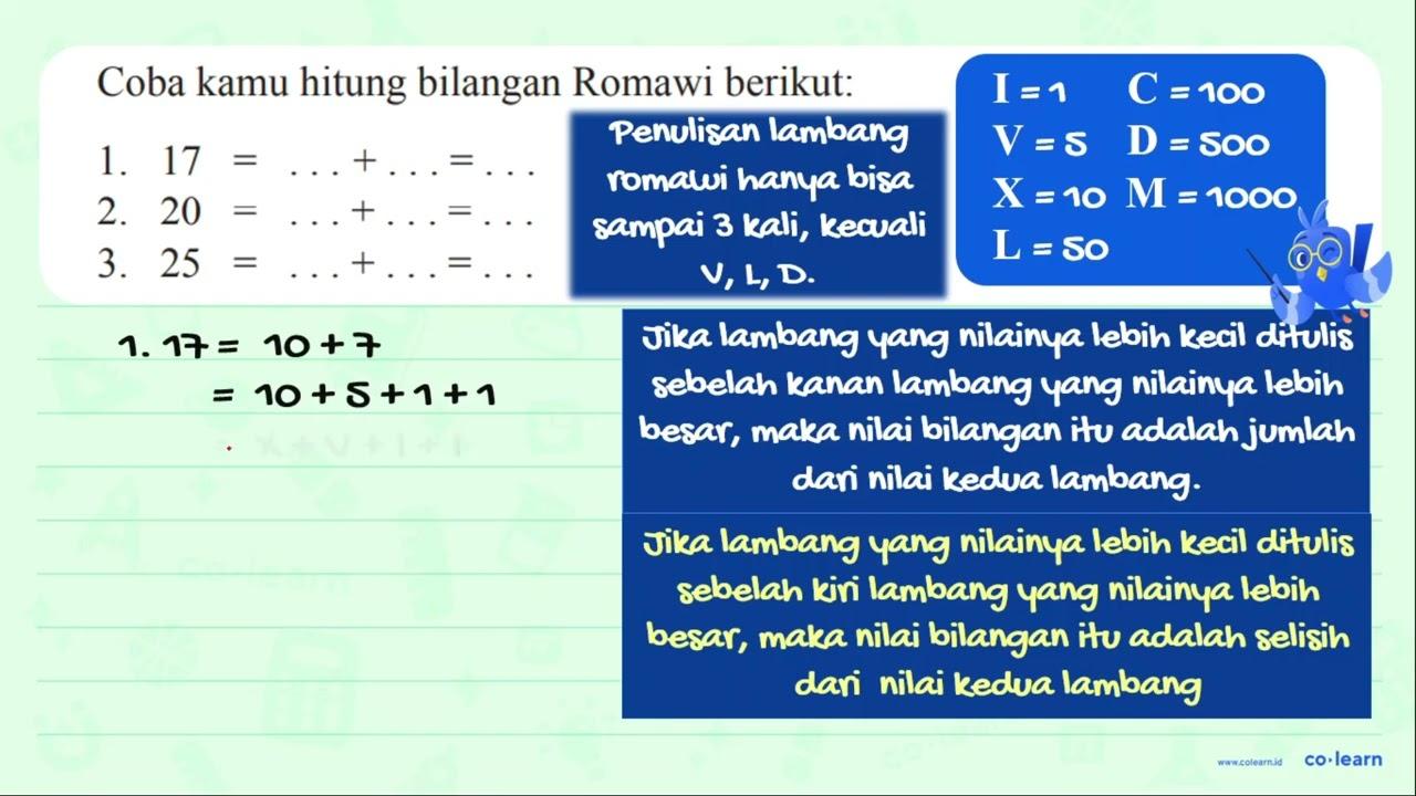 Coba kamu hitung bilangan Romawi berikut: 1. 17=...+...=...