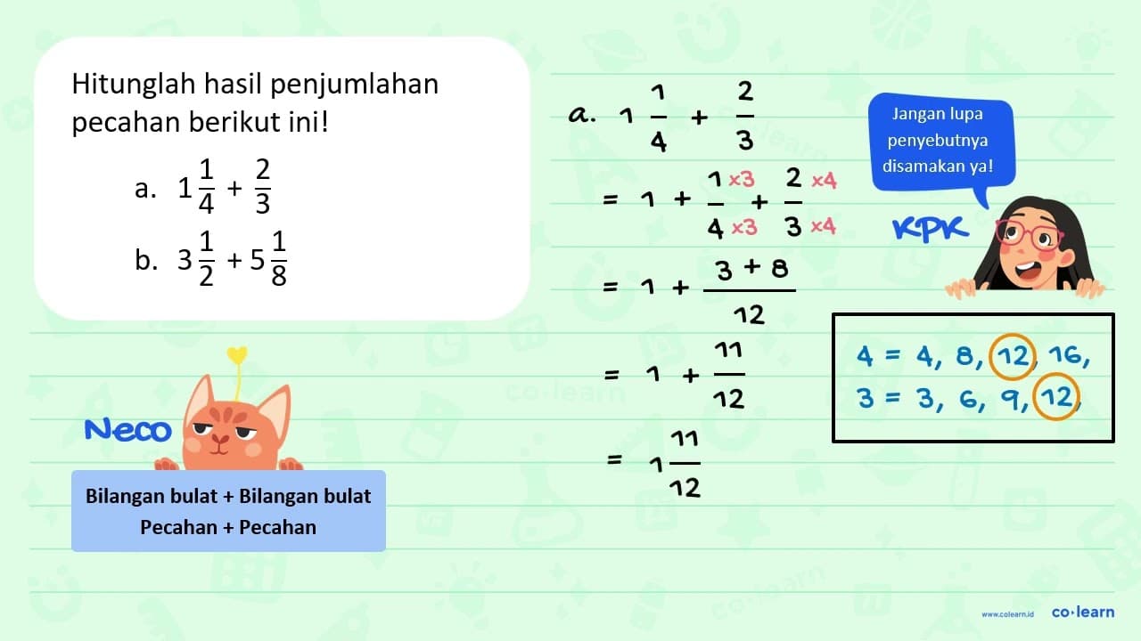 Hitunglah hasil penjumlahan pecahan berikut ini ! a. 1 1/4