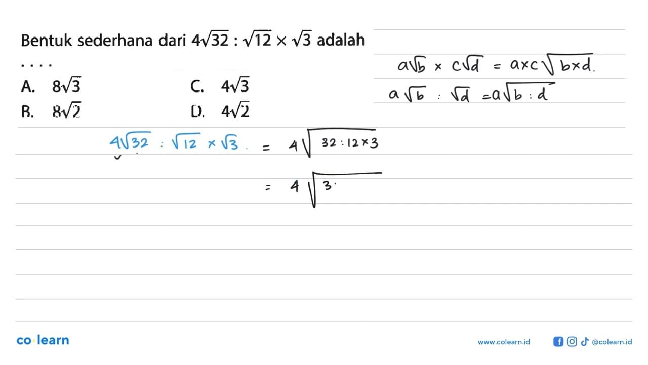 Bentuk sederhana dari 4akar(32) : akar(12) x akar(3)