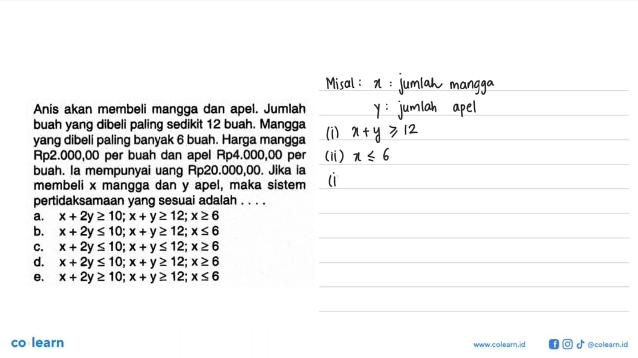 Anis akan membeli mangga dan apel. Jumlah buah yang dibeli