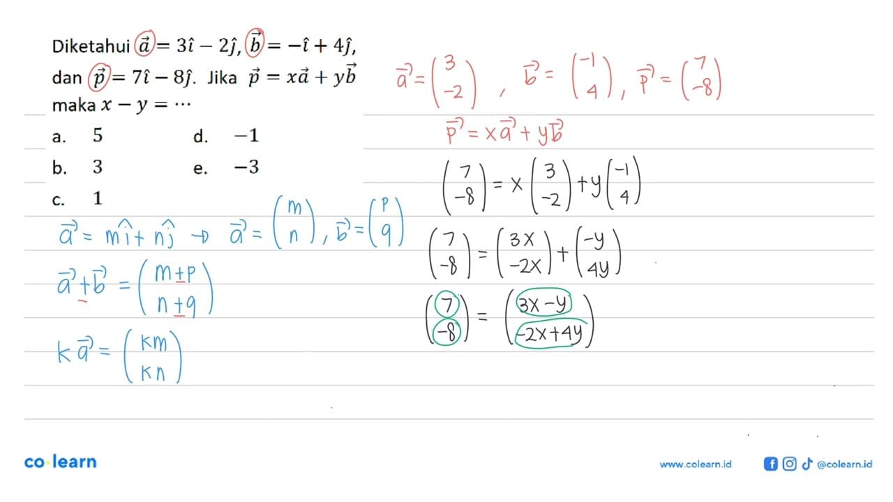 Diketahui a=3i-2j, b=-i+4j ,dan p=7i-8j . Jika p=xa+yb maka