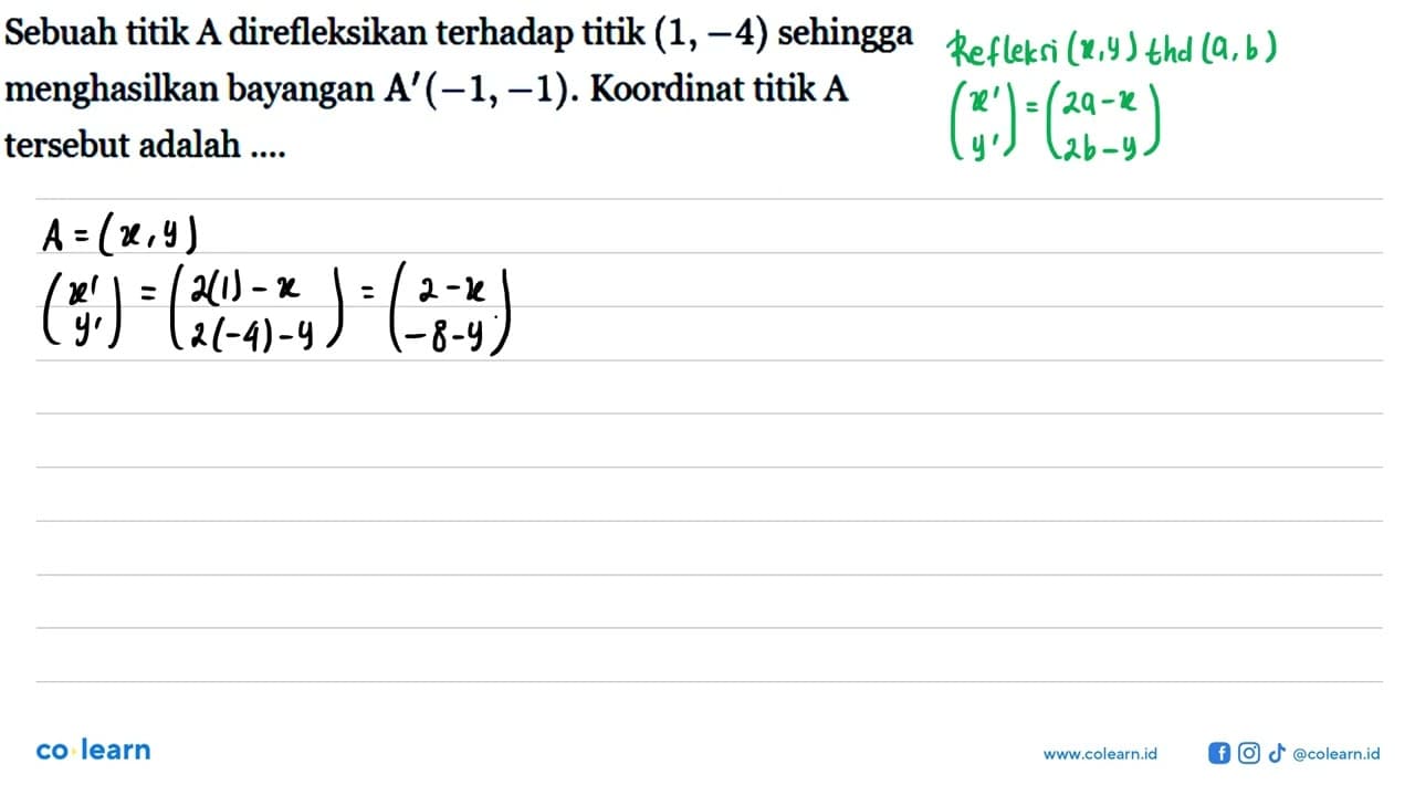 Sebuah titik A direfleksikan terhadap titik (1, -4)