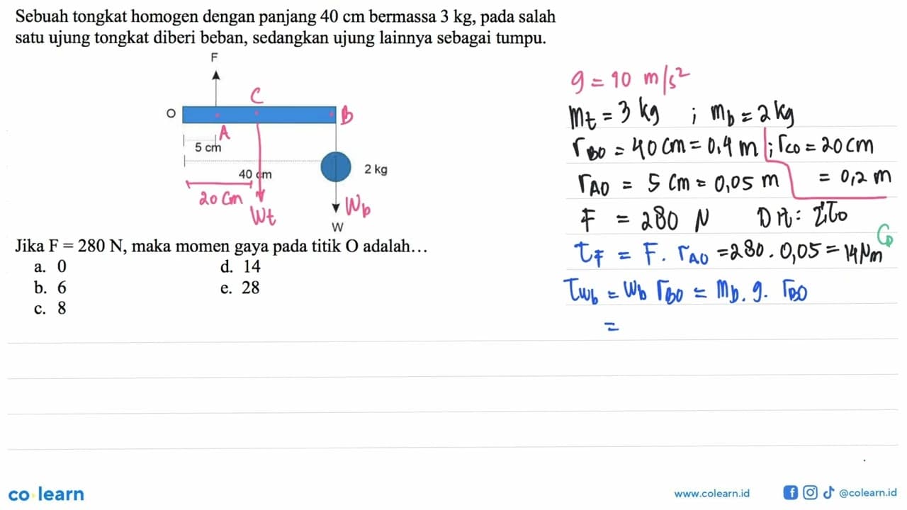 Sebuah tongkat homogen dengan panjang 40 cm bermassa 3 kg,