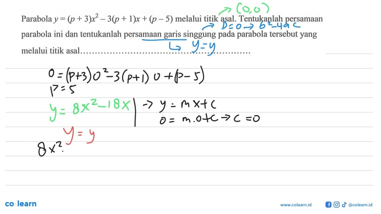 Parabola y=(p+3)x^2-3(p+1)x+(p-5) melalui titik asal.