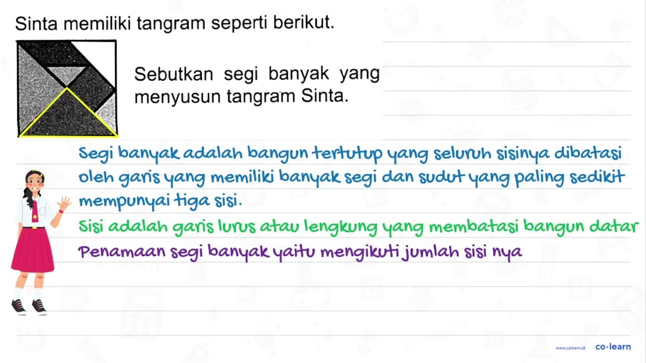 Sinta memiliki tangram seperti berikut. Sebutkan segi