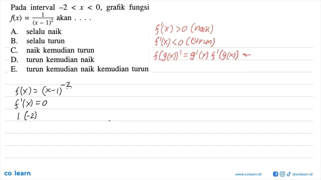 Pada interval -2<x<0, grafik fungsi f(x)=1/(x-1)^2 akan....