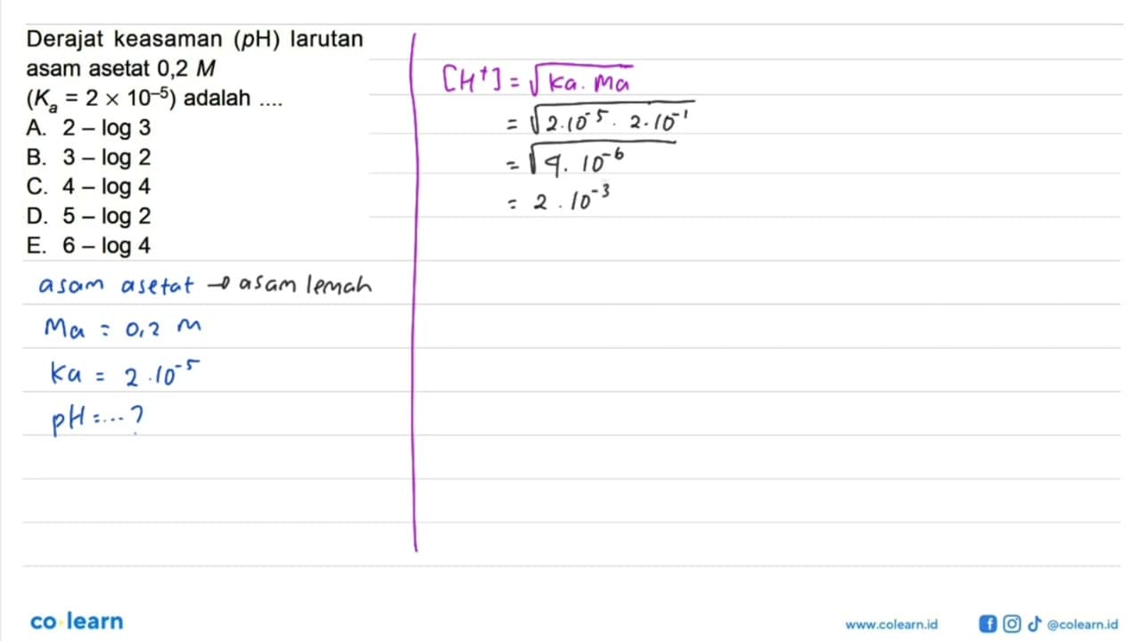 Derajat keasaman (pH) larutan asam asetat 0,2 M (Ka=2 x