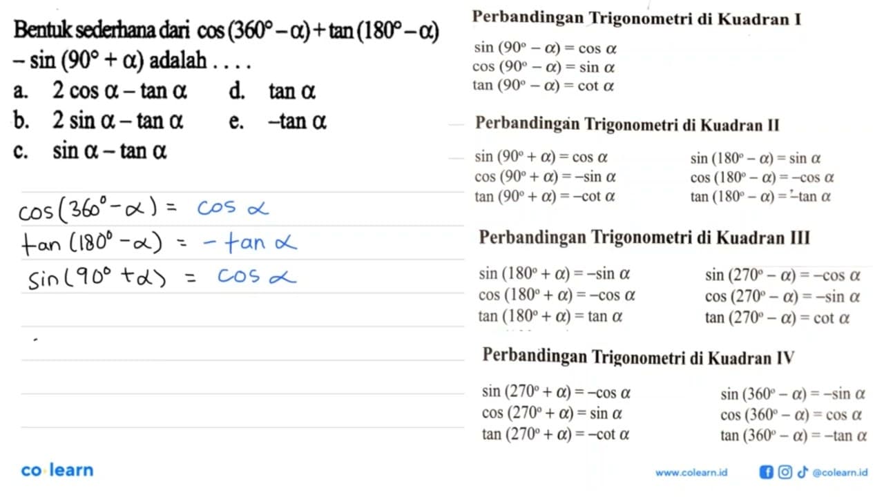 Bentuk sederhana dari cos(360-a)+tan(180-a)-sin (90+a)