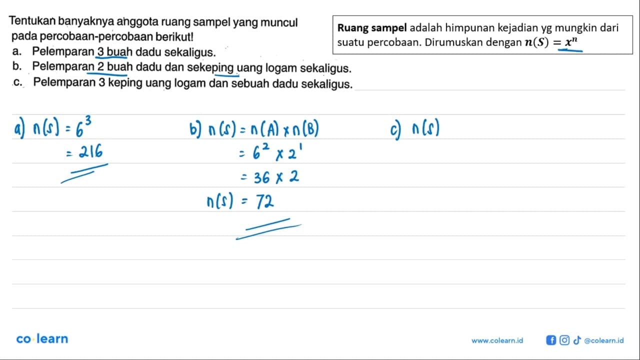 Tentukan banyaknya anggota ruang sampel yang muncul pada