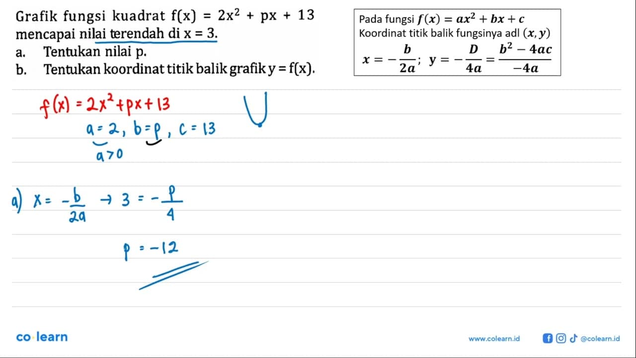 Grafik fungsi kuadrat f(x) = 2x^2 + px + 13 mencapai nilai