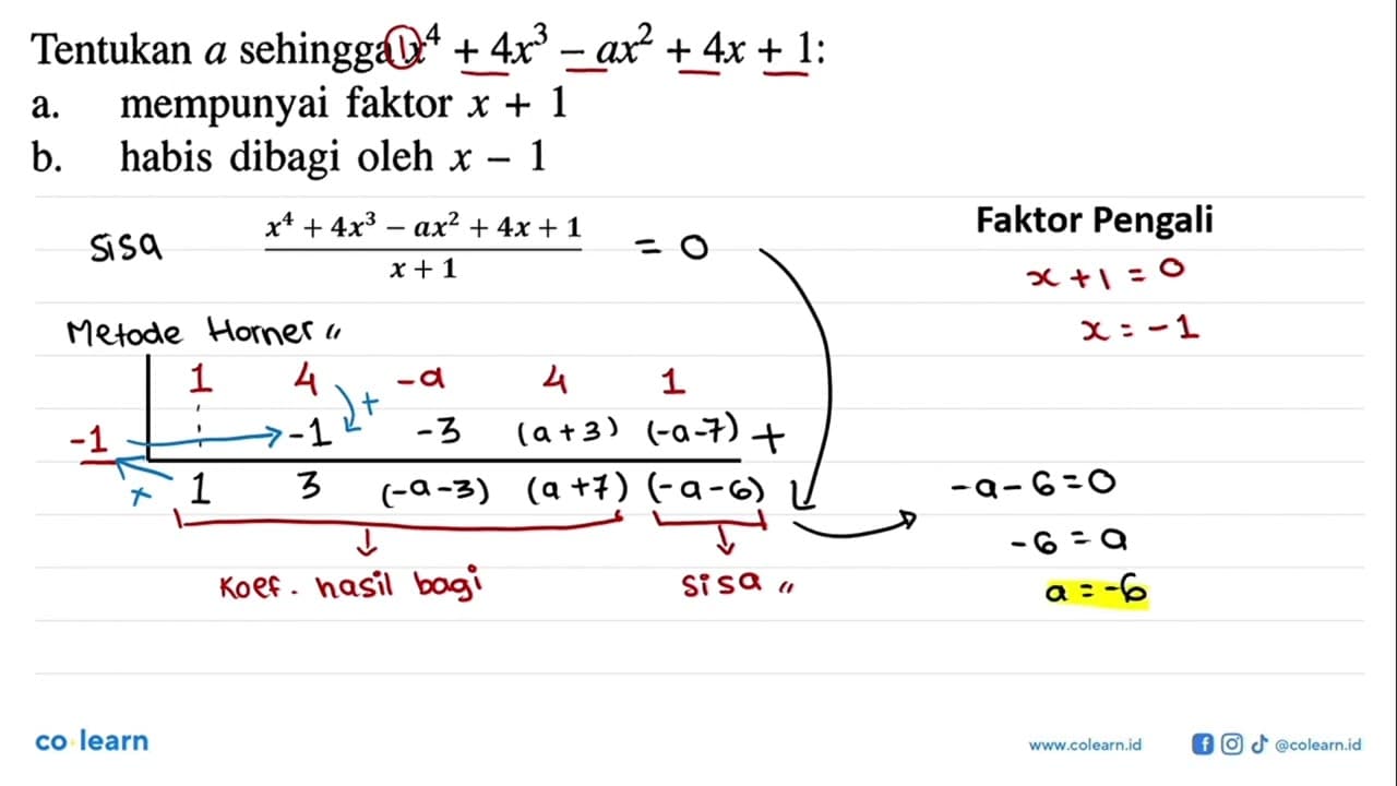 Tentukan a sehingga x^4+4x^3-ax^2+4x+1; a. mempunyai faktor