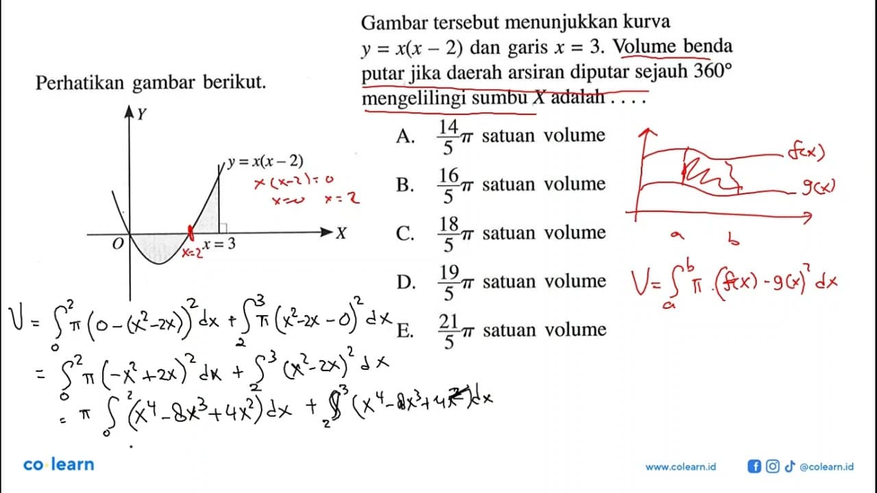 Gambar tersebut menunjukkan kurva y=x(x-2) dan garis x=3 .