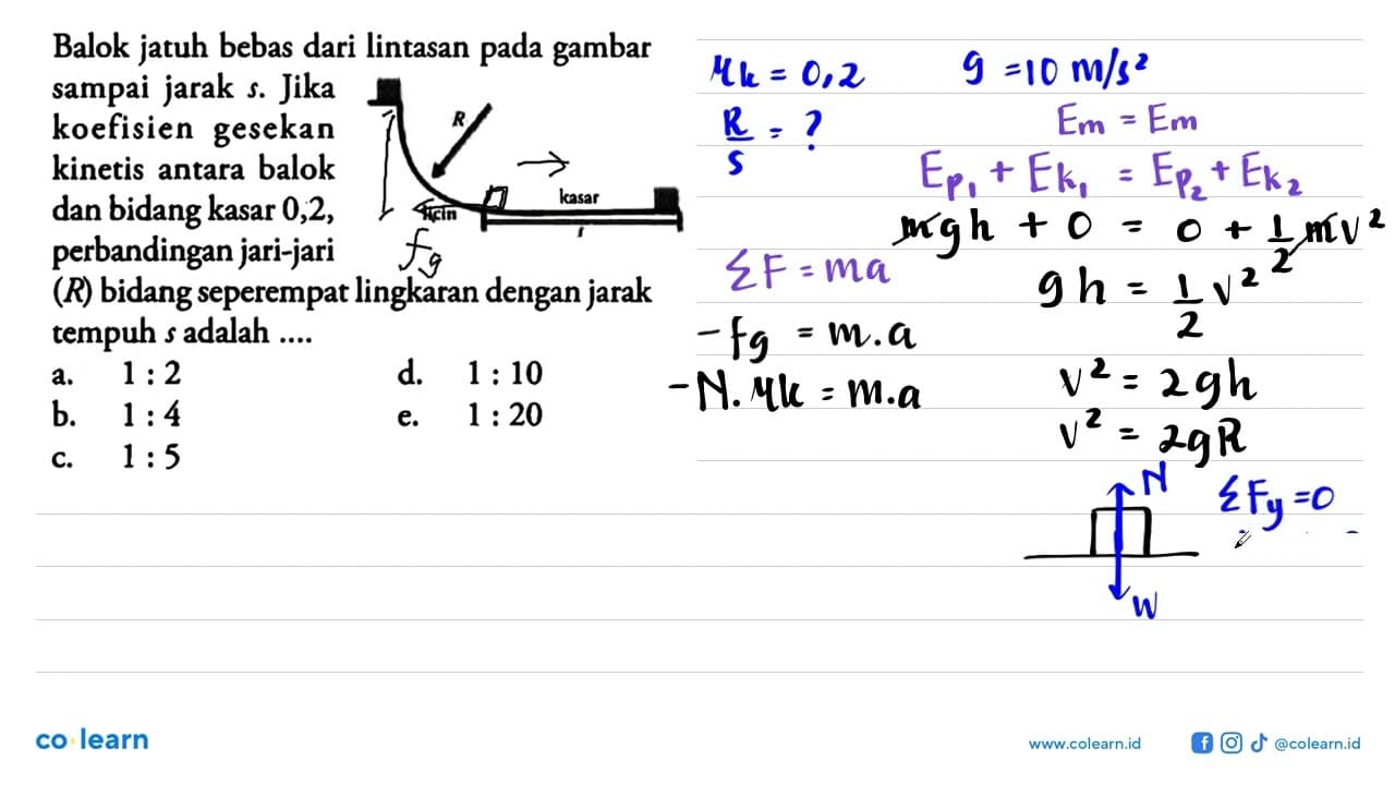 Balok jatuh bebas dari lintasan pada gambar sampai jarak s.