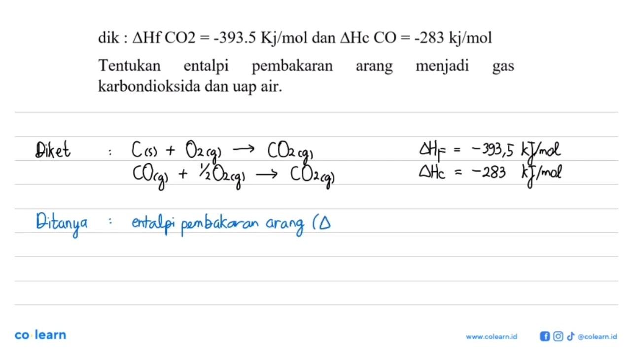 dik : delta Hf CO2 = -393.5 Kj/mol dan delta Hc CO = -283