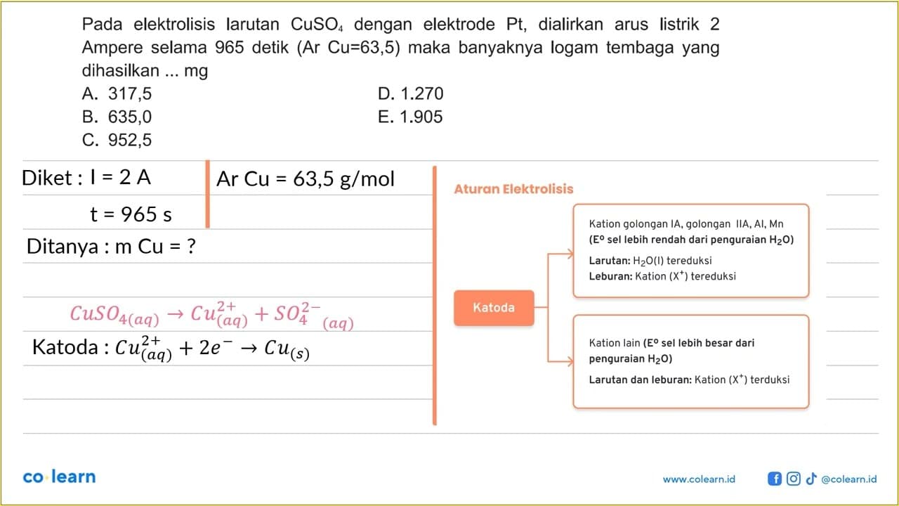 Pada elektrolisis larutan CuSO4 dengan elektrode Pt ,