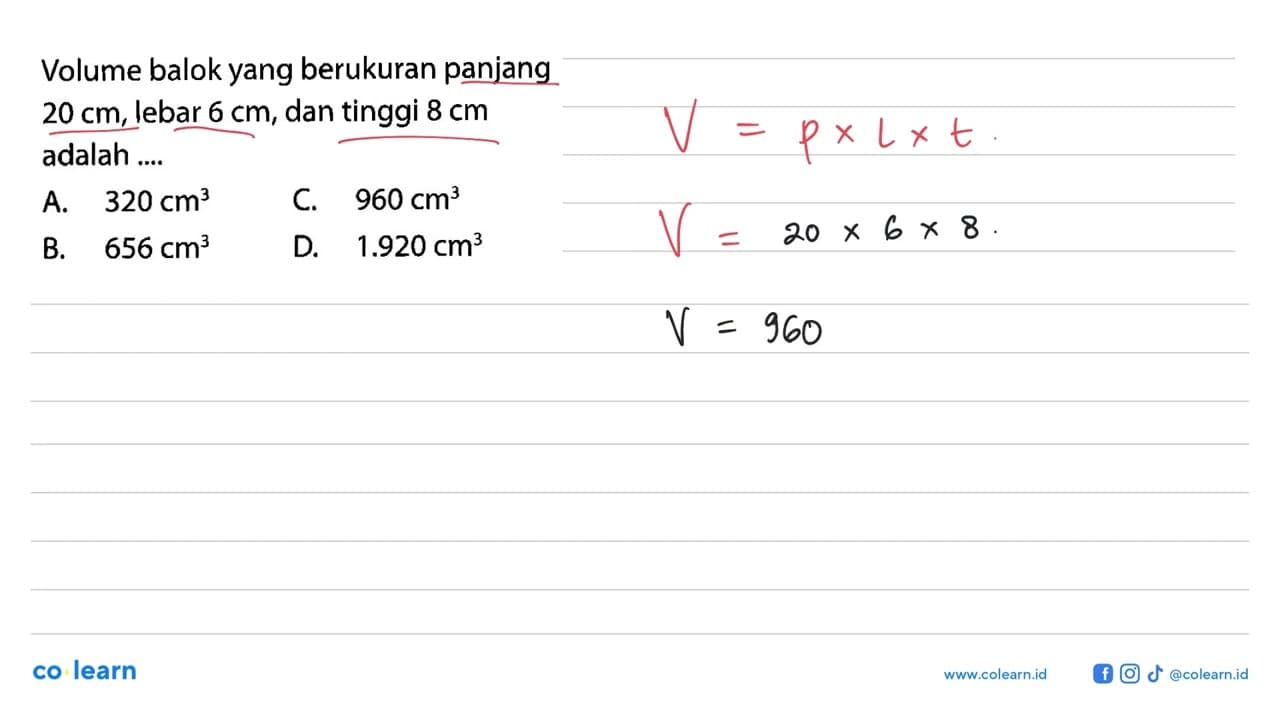 Volume balok yang berukuran panjang 20 cm , lebar 6 cm ,