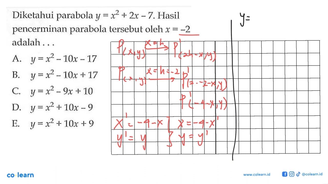 Diketahui parabola y=x^2+2 x-7 . Hasil pencerminan parabola