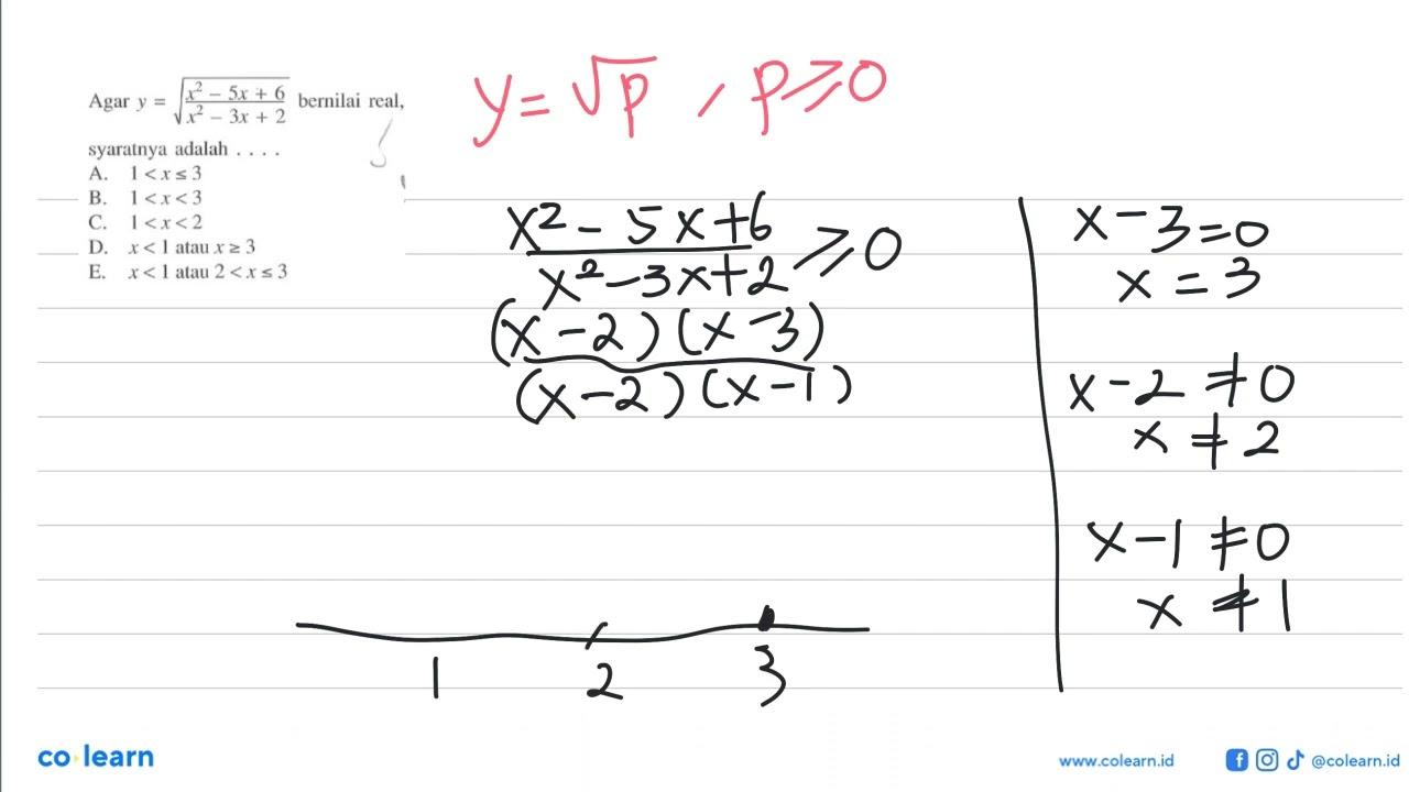 Agar y = akar((x^2-5x+6)/(x^2-3x+2)) bernilai real,