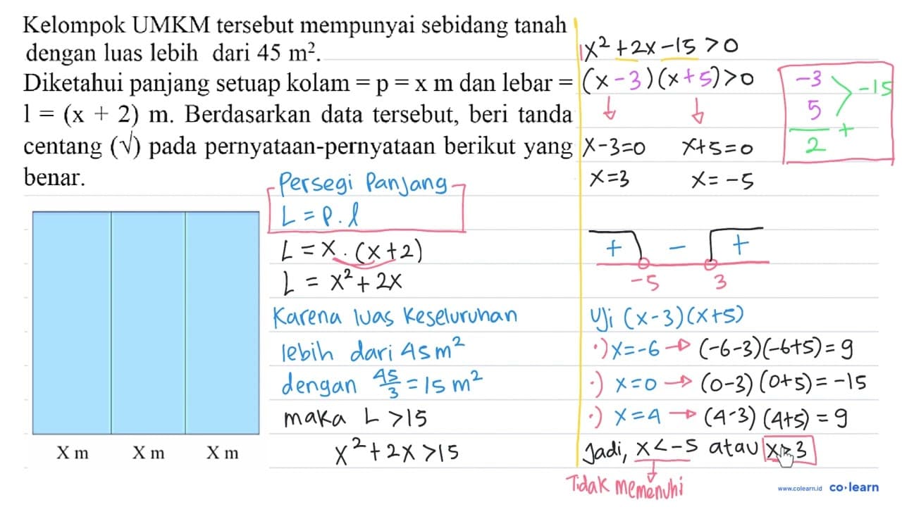 Diketahui panjang setiap kolam = p = x m dan lebar = l = (x