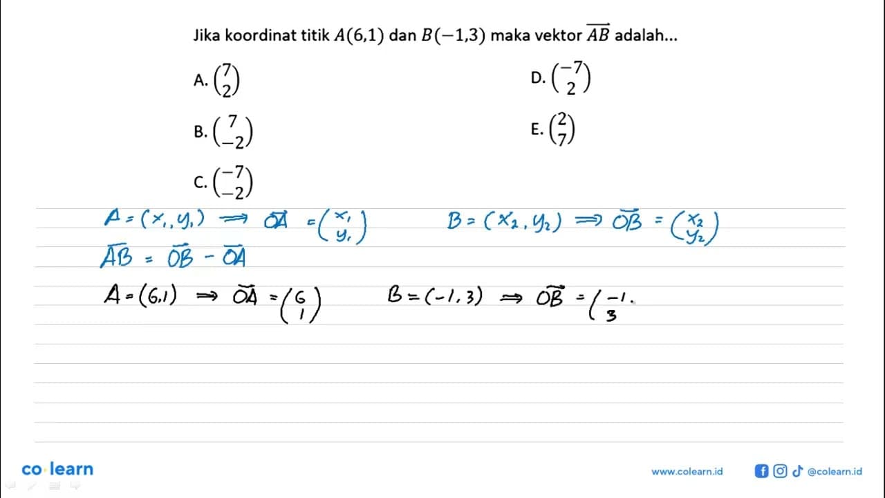 Jika koordinat titik A(6,1) dan B(-1,3) maka vektor AB