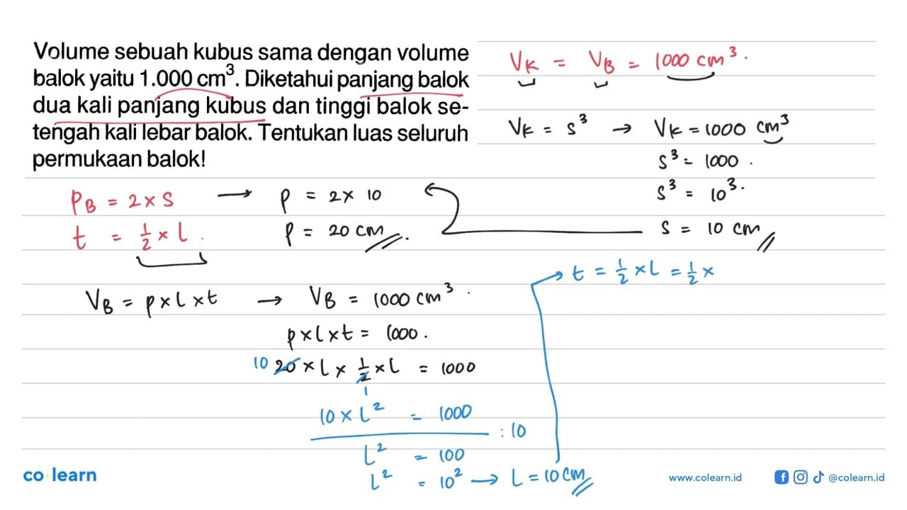 Volume sebuah kubus sama dengan volume balok yaitu 1.000