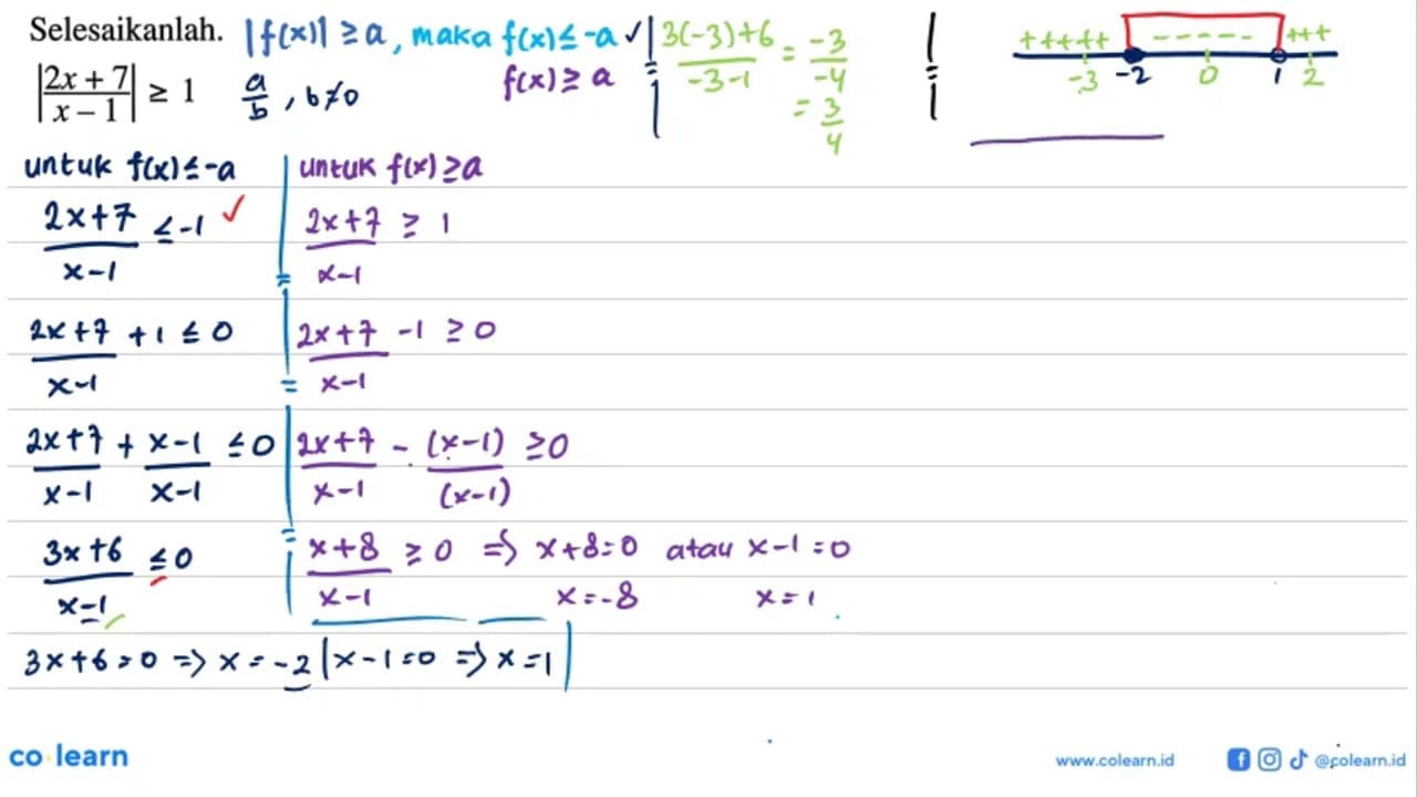 Selesaikanlah. |2x+7|/|x-1|>=1