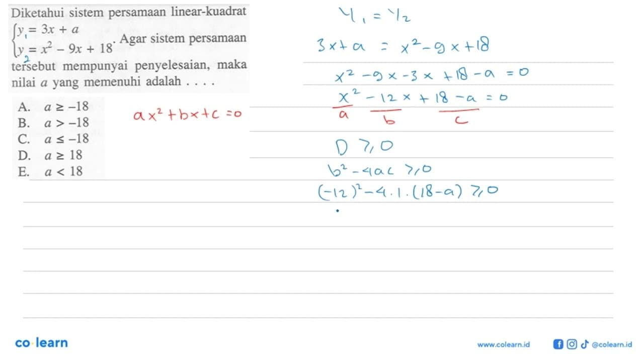 Diketahui sistem persamaan linear-kuadrat y=3x+a