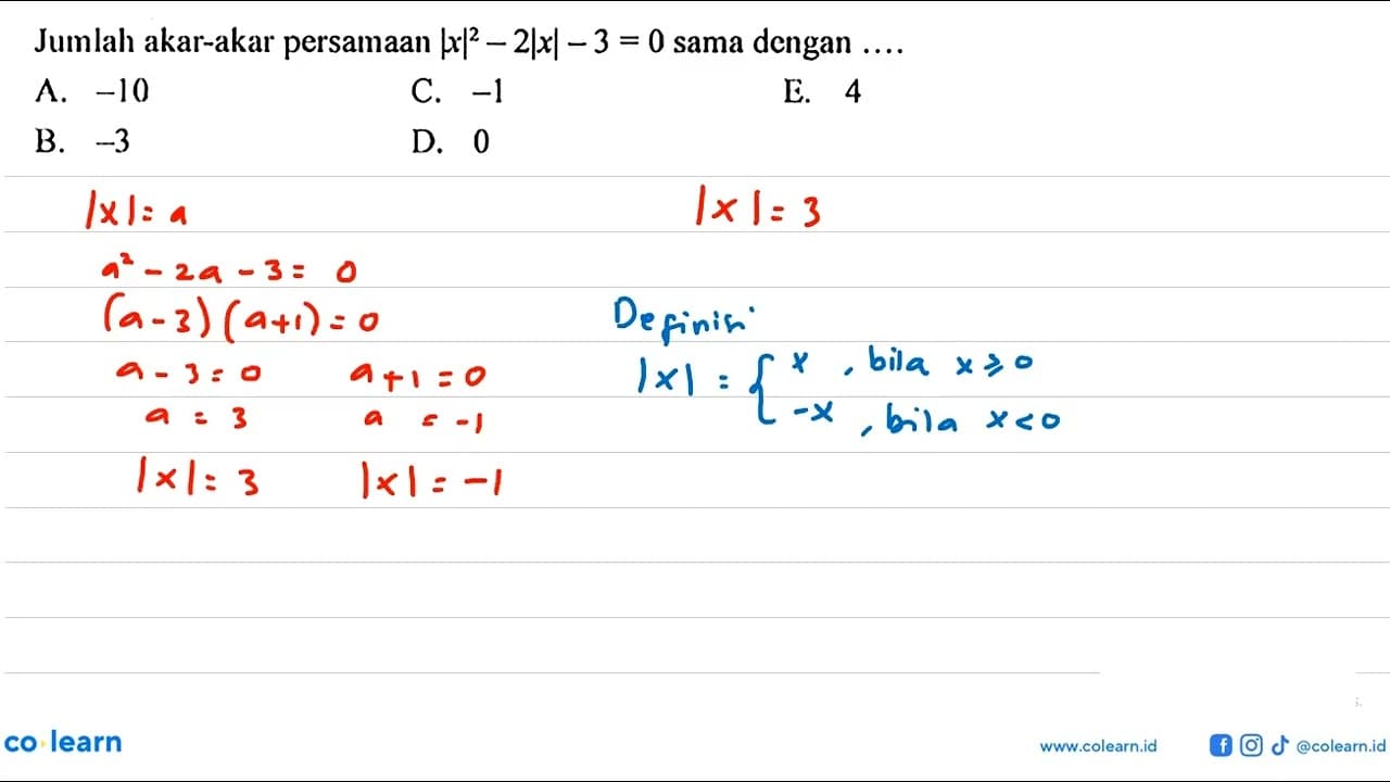 Jumlah akar-akar persamaan |x|^2-2|x|-3=0 sama dengan ....