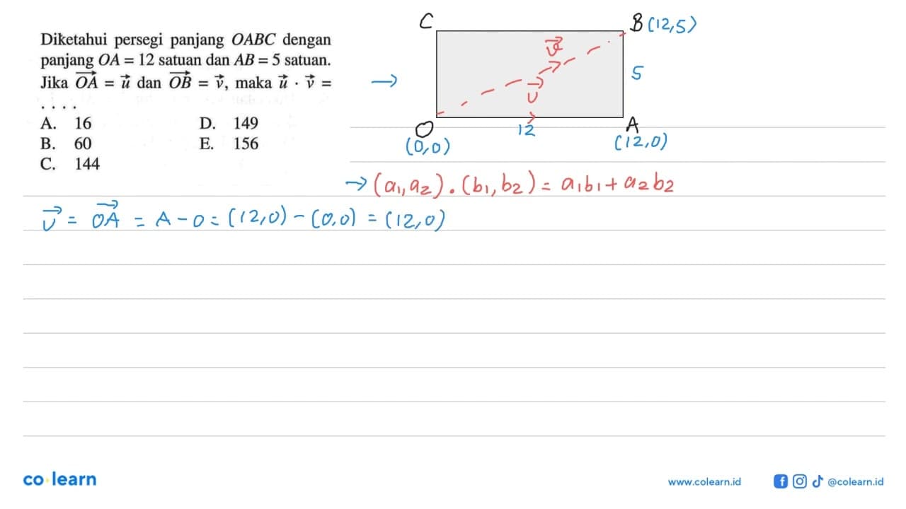 Diketahui persegi panjang OABC dengan panjang OA=12 satuan