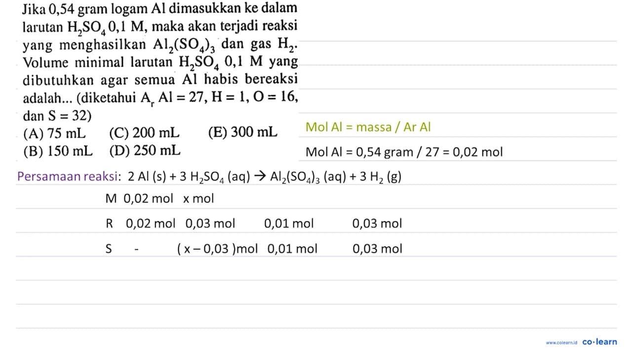 Jika 0,54 gram logam Al dimasukkan ke dalam larutan H_(2)
