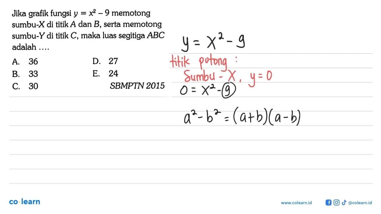 Jika grafik fungsi y=x^2-9 memotong sumbu-X di titik A dan