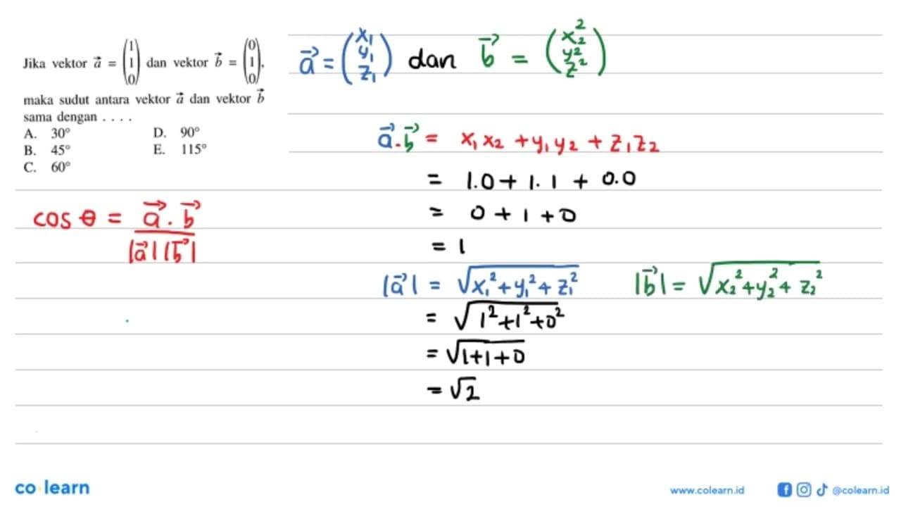Jika vektor a=(1 1 0) dan vektor b=(0 1 0) maka sudut