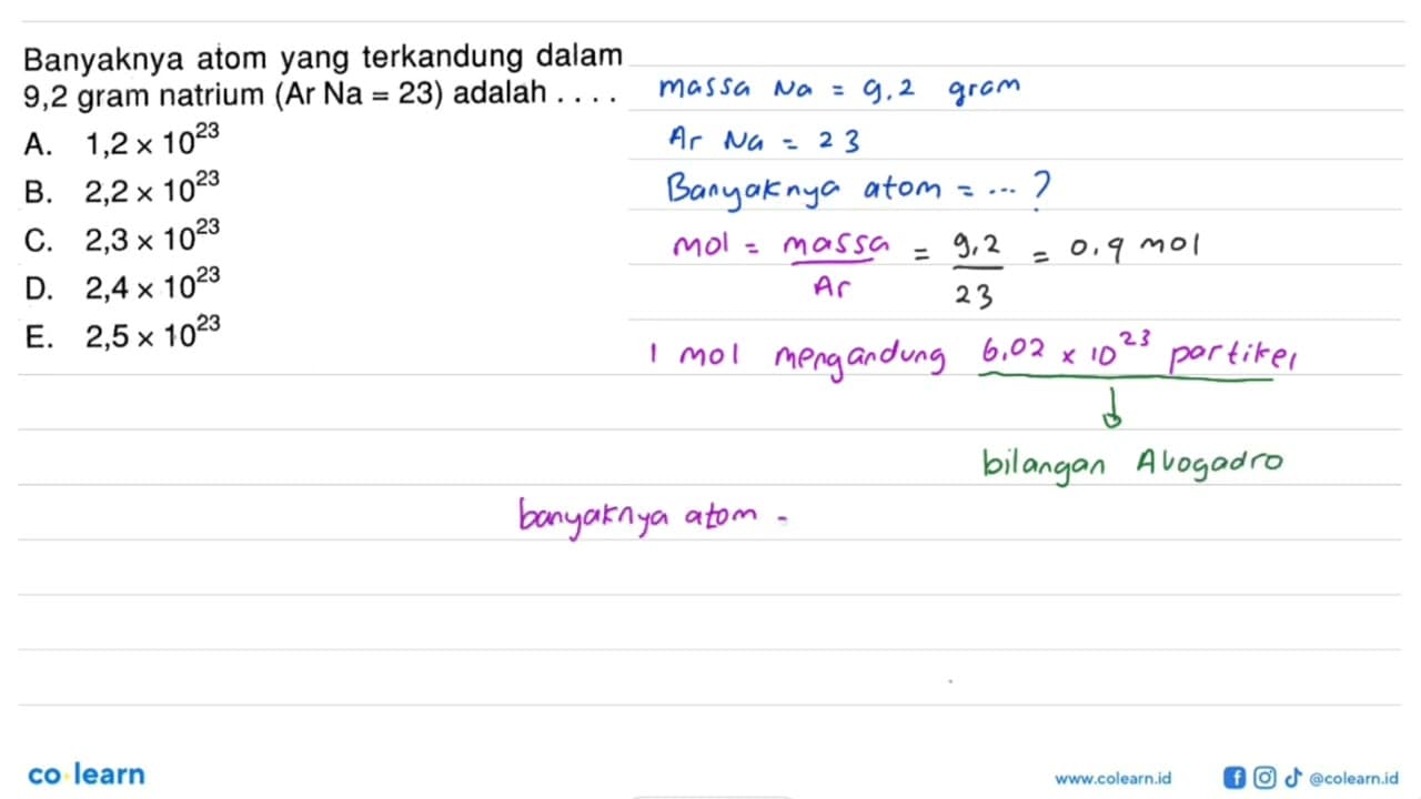 Banyaknya atom yang terkandung dalam 9,2 gram natrium (Ar