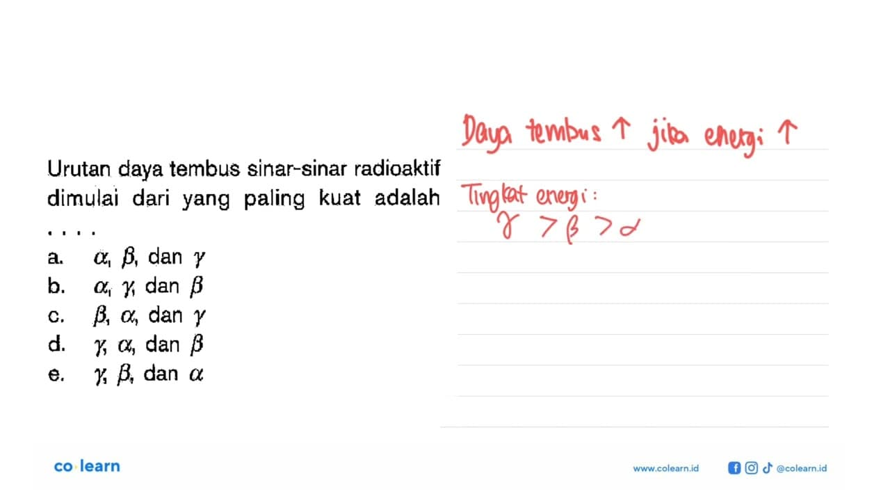 Urutan daya tembus sinar-sinar radioaktif dimulai dari yang