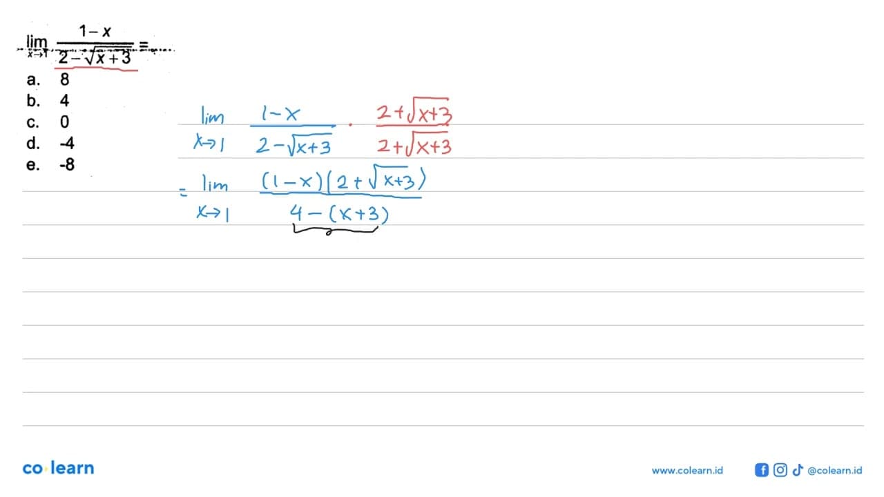 lim x->1 (1-x)/(2-akar(x+3))=