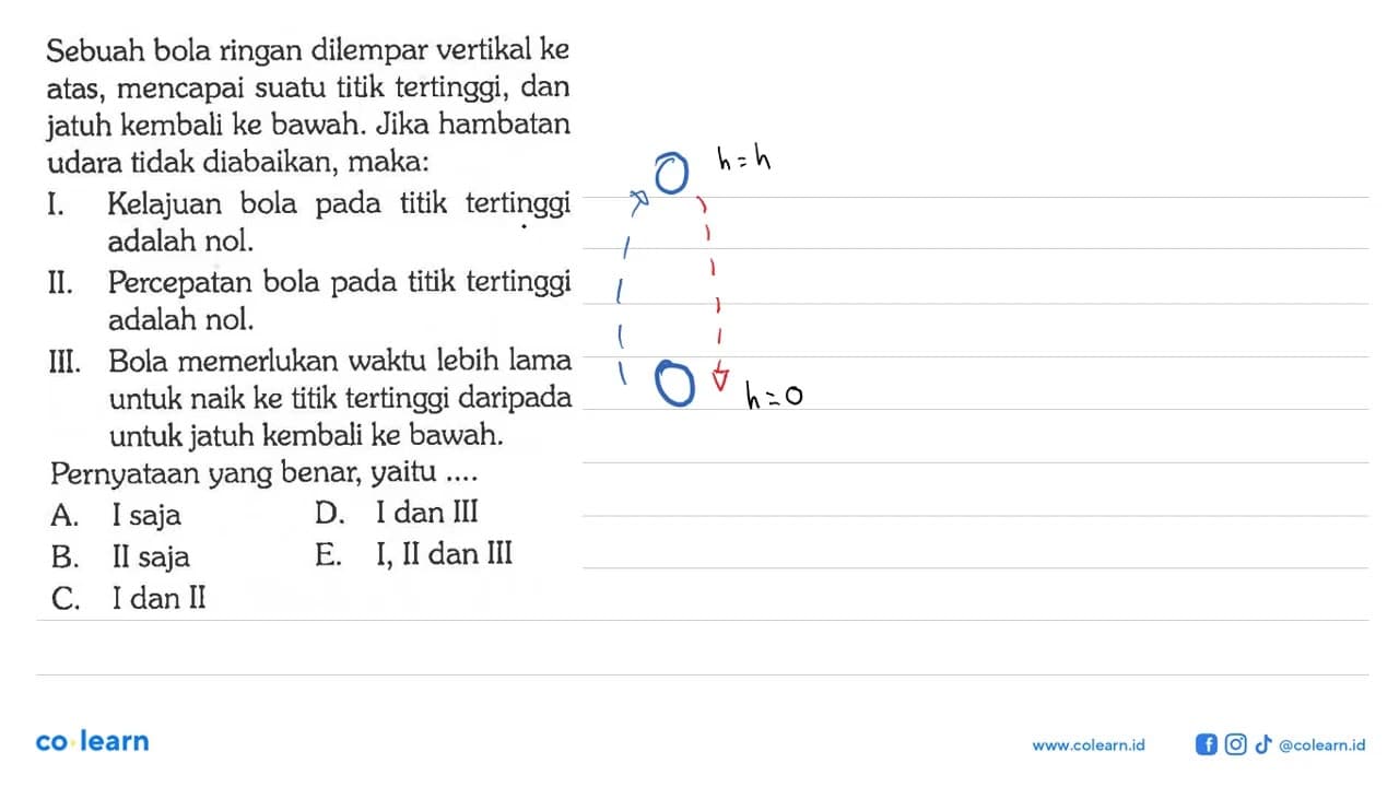 Sebuah bola ringan dilempar vertikal ke atas, mencapai