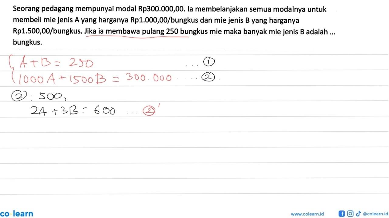 Seorang pedagang mempunyai modal Rp300.000,00. Ia