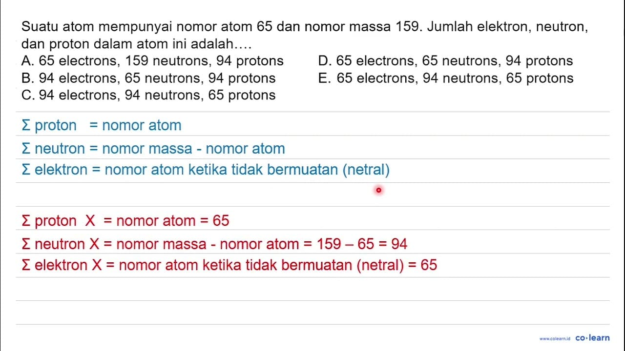 Suatu atom mempunyai nomor atom 65 dan nomor massa 159.