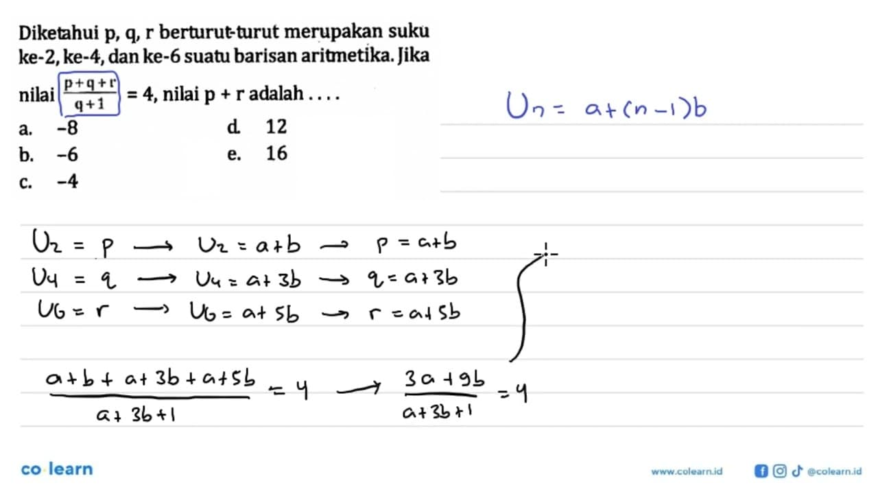 Diketahui p, q,r berturut-turut merupakan suku ke-2, ke-4,