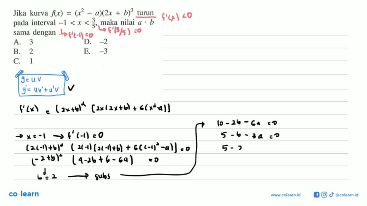 Jika kurva f(x)=(x^2-a)(2x+b)^3 turun pada interval -1<x<