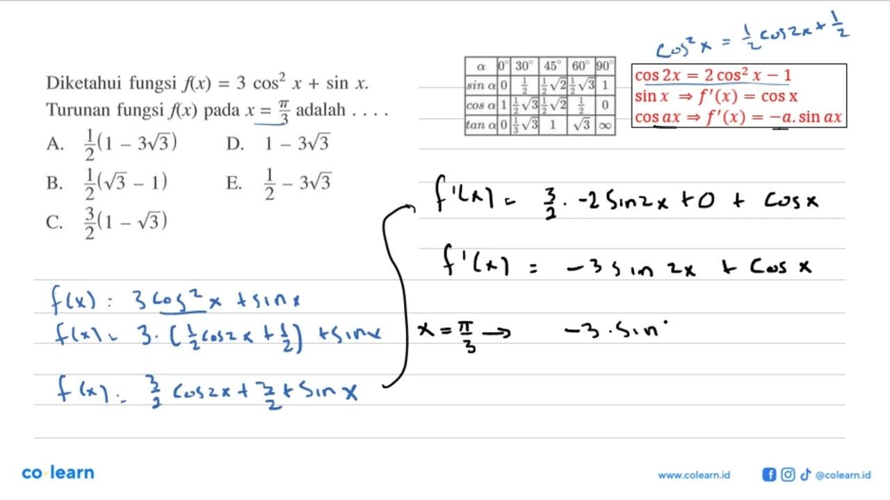 Diketahui fungsi f(x)=3cos^2 x+sin x. Turunan fungsi f(x)