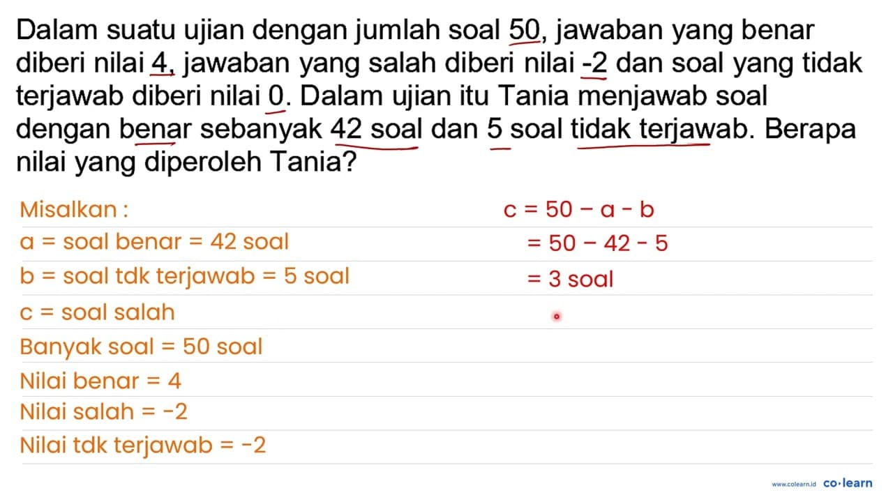 Dalam suatu ujian dengan jumlah soal 50 , jawaban yang