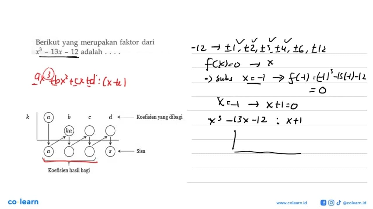 Berikut yang merupakan faktor dari x^3-13x-12 adalah . . .