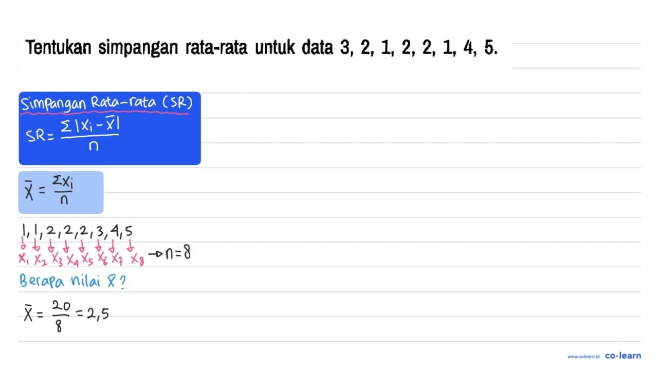 Tentukan simpangan rata-rata untuk data 3,2,1,2,2,1,4,5.