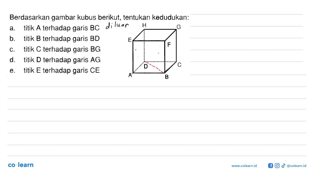 Berdasarkan gambar kubus berikut, tentukan kedudukan: