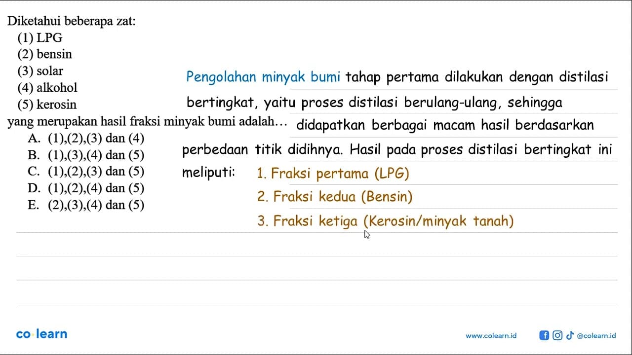 Diketahui beberapa zat:(1) LPG(2) bensin(3) solar(4)