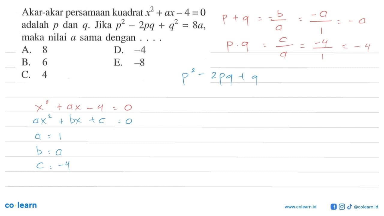 Akar-akar persamaan kuadrat x^2+ax-4=0 adalah p dan q. Jika