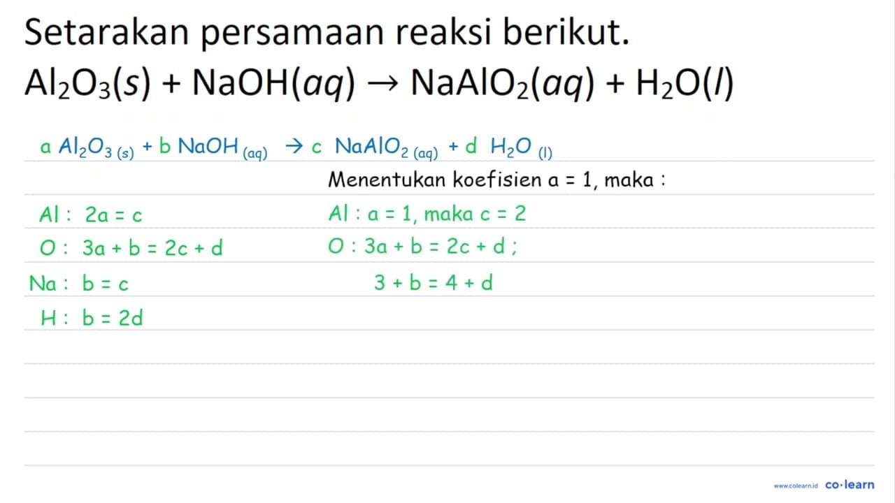 Setarakan persamaan reaksi berikut. Al_(2) O_(3)(s)+NaOH(a