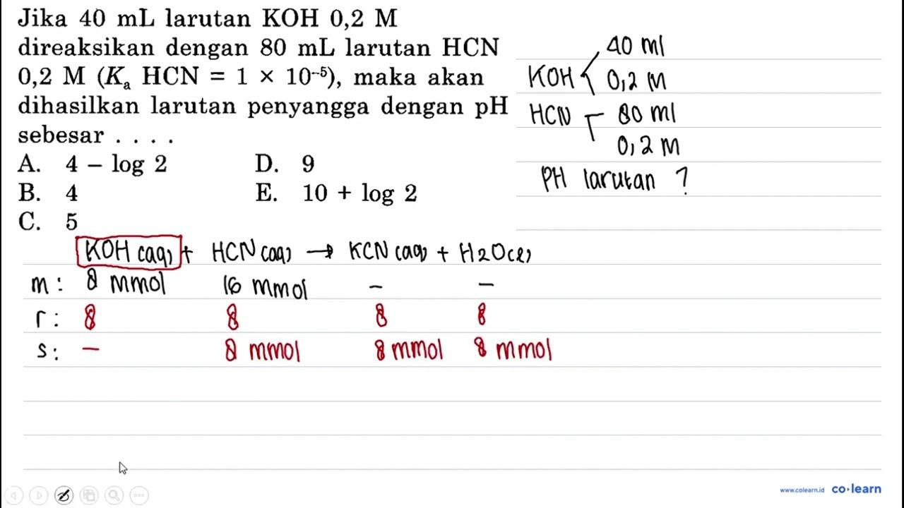 Jika 40 mL larutan KOH 0,2 M direaksikan dengan 80 mL